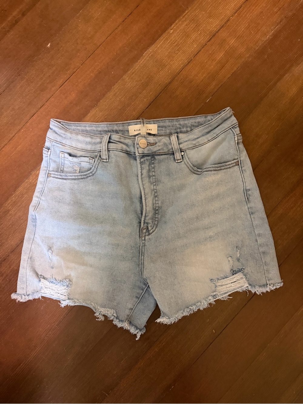 High-Rise Light Blue Distressed Denim Shorts